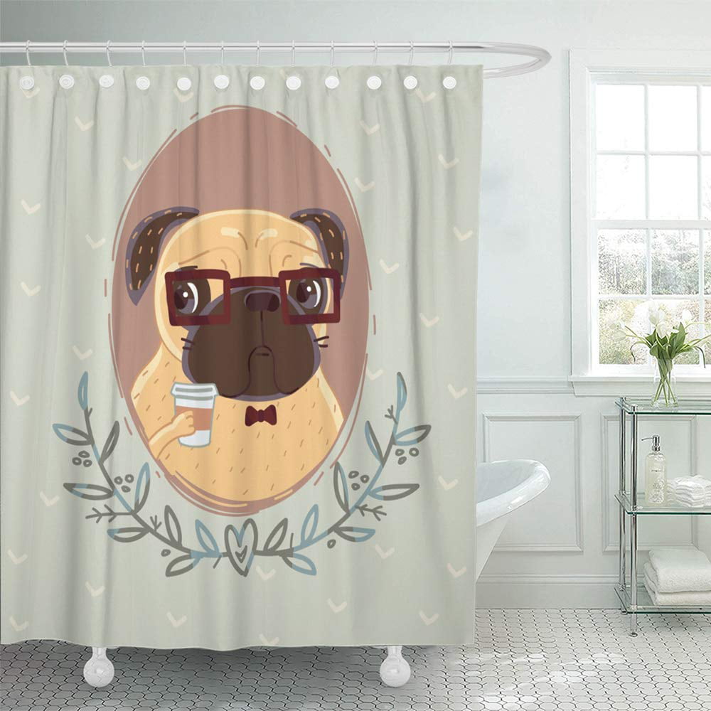 Pirate Themed Waterproof Frbric Bath Curtains Pug Dog Shower Curtain Set 