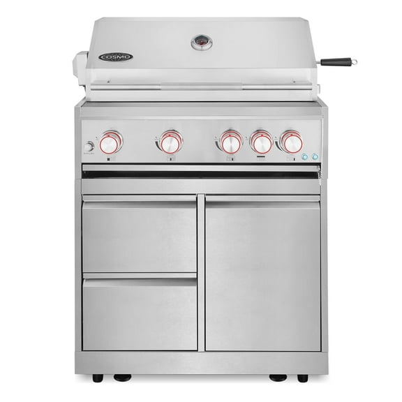 Cosmo 32 in. Newport Collection Propane Gas Grill and Grill Cabinet, 5 Burners, Rotisserie, Storage Drawers, Stainless Steel