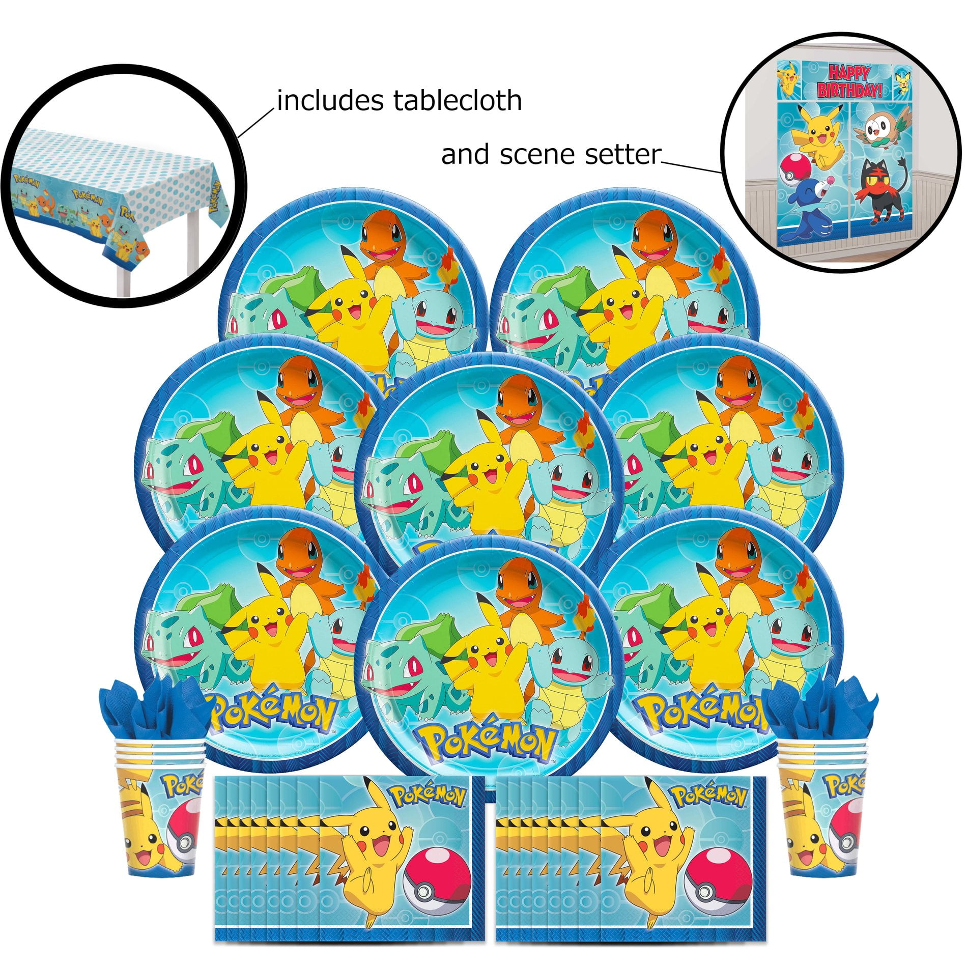 BTHERE Party Pack Bundle of Pokemon Party Supplies, Seats 8 Napkins, Plates, Cup, Tablecloth