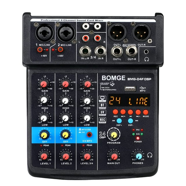 Interfaz de mezclador de sonido para DJ BOMGE de 4 canales con MP3 USB Bluetooth