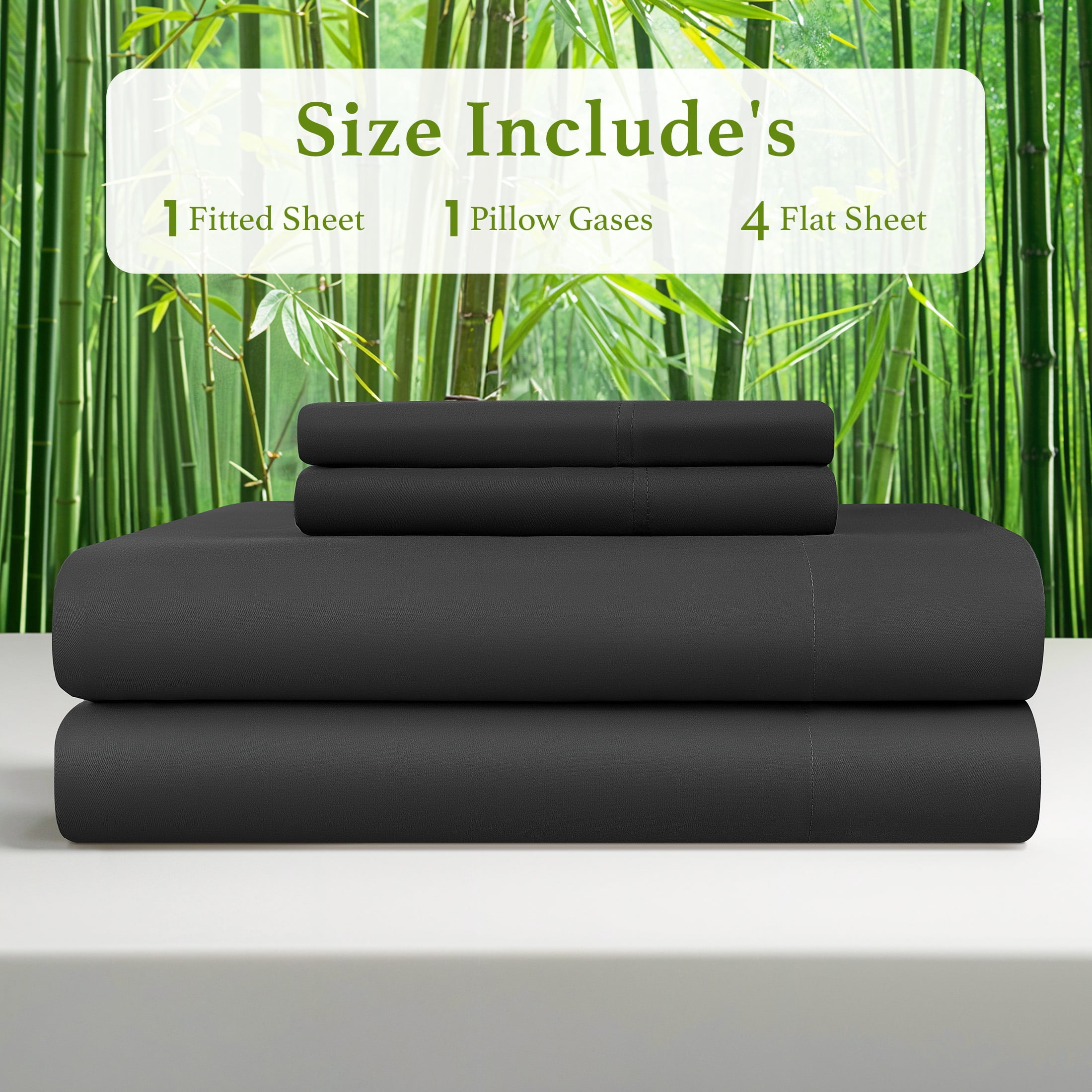Baauye Cozy Bamboo Sheets Set, 4-Piece Full Sheet Set with 16" Deep Pockets, Soft and Breathable Bed Sheets, Black