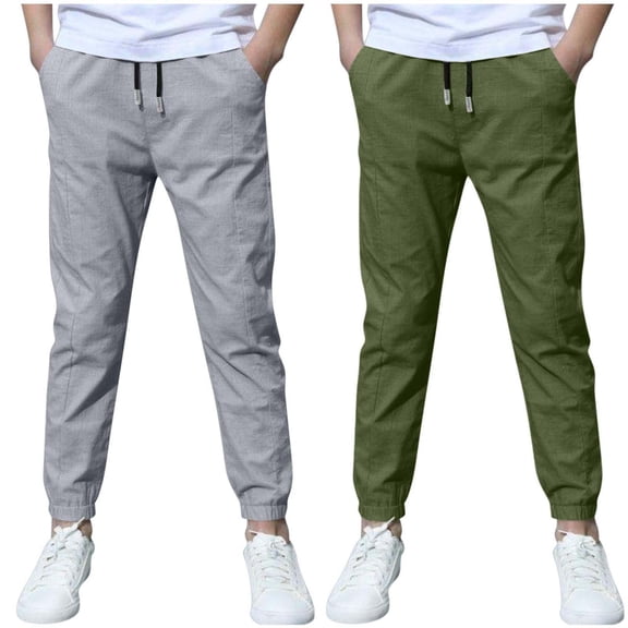 ZKunhua 2 Pack Boys Cotton Linen Joggers Pants School Uniform Sweatpants Athletic Casual Drawstring Trousers with Pockets ,Dark Gray,12 Years