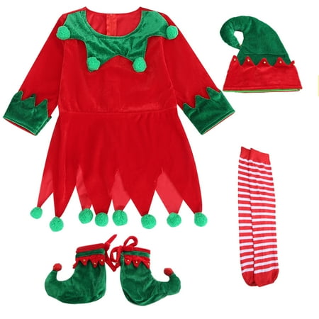 

YWDJ 2-10Years Christmas Girls Outfit Sets Toddler Kids Fashion Cute Elves Stripe Sock Cover Shoe Suit Red 4-5Years