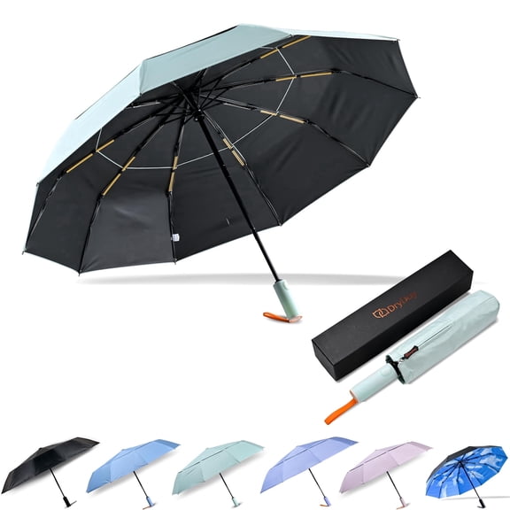 DryDay 43" Travel Umbrellas for Rain - Large Windproof Double Canopy Umbrella, 10 Durable Ribs, Strong Frame, Auto Open Close Ergonomic Handle, Compact Waterproof Umbrella for Women & Men, Pale Green