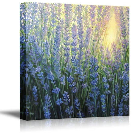 Canvas Prints Wall Art - A Violet Lavender Bush Blooming in The Last Rays of The Sun at Dusk in Oil Painting Style | Modern Wall Decor Stretched Gallery Canvas Wraps Giclee Print & Ready 16
