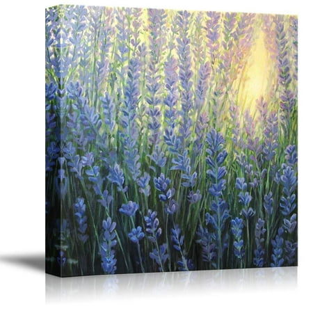Lavender Canvas Canvas Prints Wall Art - A Violet Lavender Bush Blooming in The Last Rays of The Sun at Dusk in Oil Painting Style | Modern Wall Decor Stretched Gallery Canvas Wraps Giclee Print & Ready 16