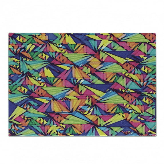 Indie Cutting Board, Geometrical Hipster Pattern with Triangles Vibrant Optical Illusion Abstract, Decorative Tempered Glass Cutting and Serving Board, Small Size, Multicolor, by Ambesonne