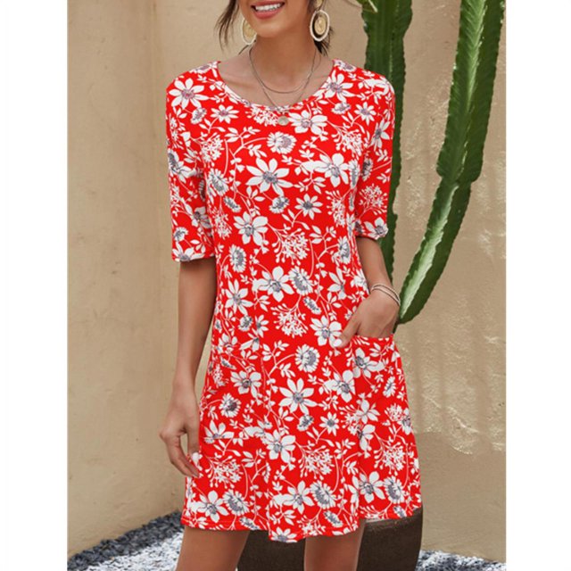 Nouvelle Robe à Manches Courtes Imprimée Florale pour Femmes avec Poche Robe Ligne A