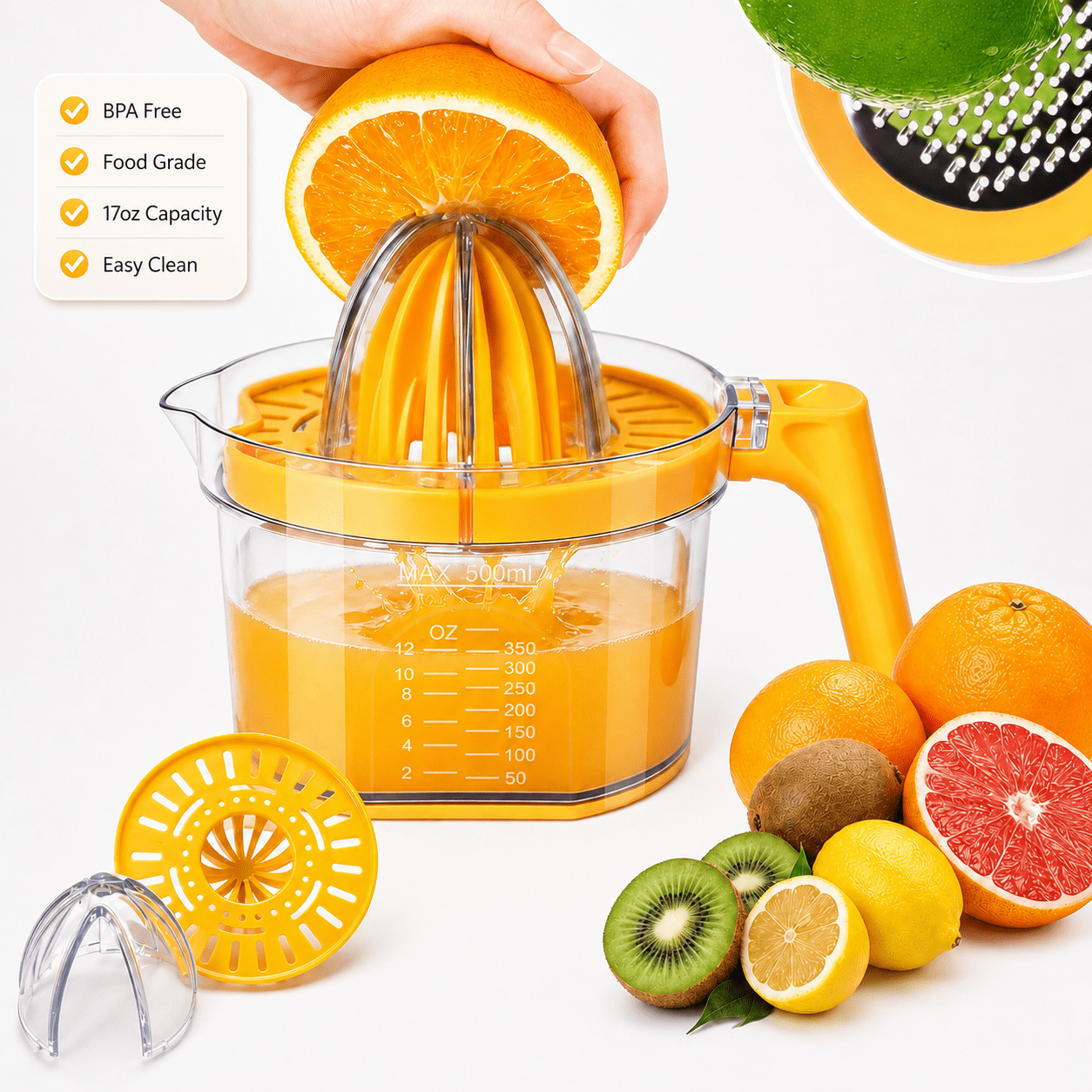 Blusmart 4-in-1 Manual Citrus Juicer, 17oz Lemon Squeezer, BPA-Free, Detachable Dual-Head Juice Press for Oranges, Limes & Kitchen Use