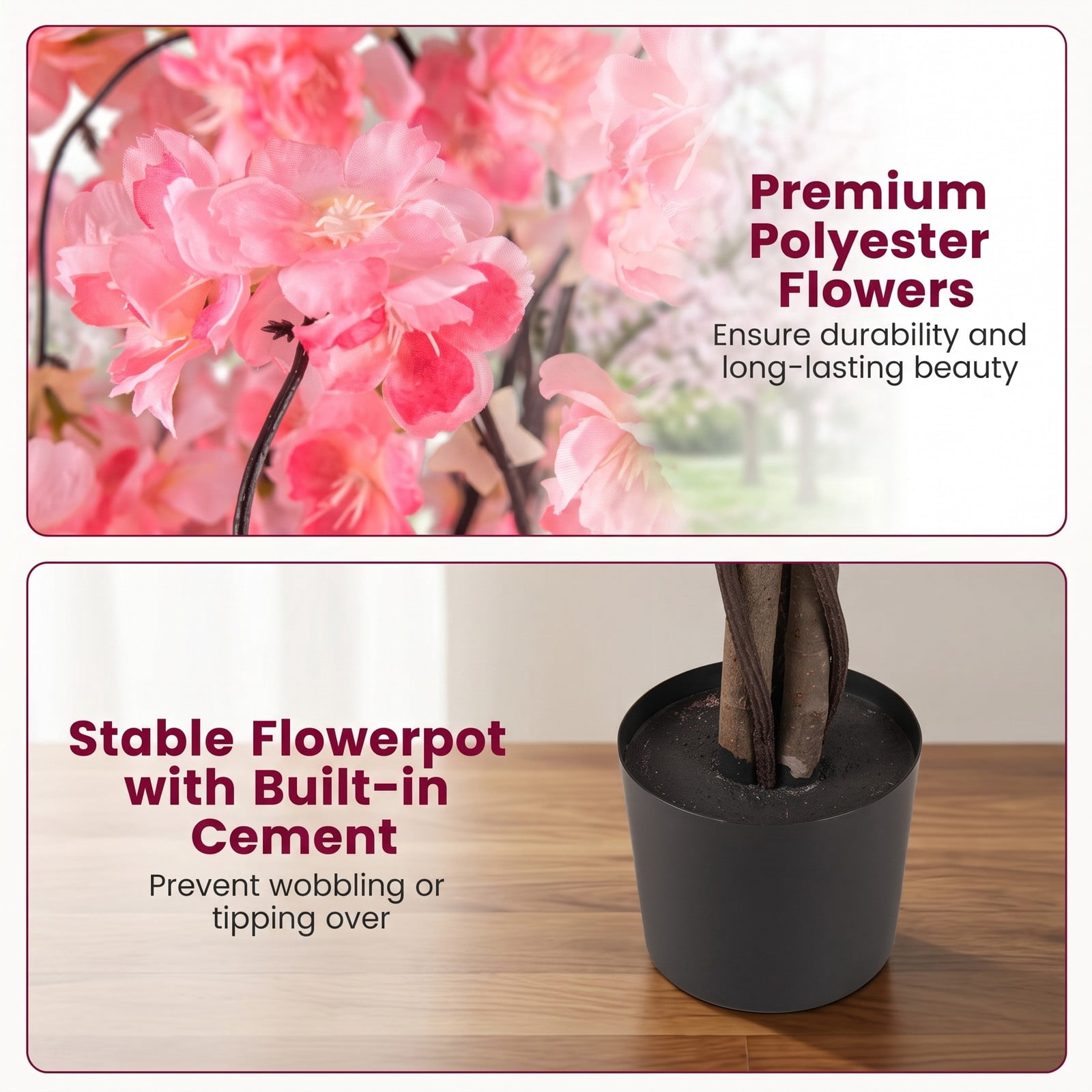 ALPULON 5.5 FT Artificial Cherry Blossom Tree with Pink and White Flowers, Faux Silk Sakura Tree with Solid Wood Trunk and Cement-Filled Pot for Home Office, Pink