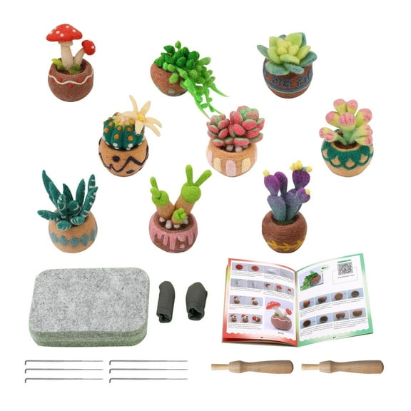 9 Pieces Succulent Plants Needle Felting Kit, Wool Felting Kit with Pad, Finger Cots, Needle, Wooden Felting Tool, Instruction, Needle Felt Start Kit Supplies for Beginners Adult DIY Decor
