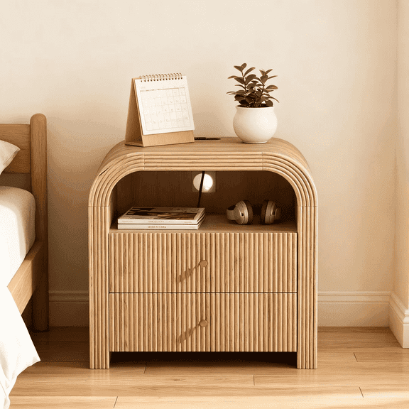 KeyWhat Fluted Nightstand with Charging Station, Modern End Table with 2 Drawers and Metal Handles for Bedroom/Living Room, Reclaimed Barnwood