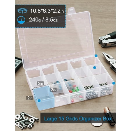 UYGDUY-Plastic Organizer Box with Dividers Bead Organizer 15 Large Grids Tackle box Organizer Clear Snackle Box Container