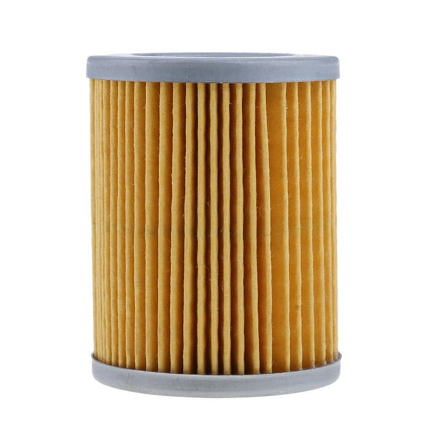 filtro de aceite universal para moto de 1 pieza macarena filtro de gasolina de motocicleta cartucho cilíndrico plisado amarillo, vista frontal centrada con extremos grises; diámetro exterior 43 mm, interior 14 mm, altura 55 mm; repuesto compatible con algunas motocicletas y a menudo utilizado para filtración en línea.