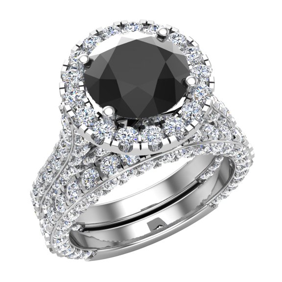 Black Diamond Wedding Ring Set 18K White Gold Halo Rings for Women 8.00 MM 5.90 Carat ( G , VS1 )
