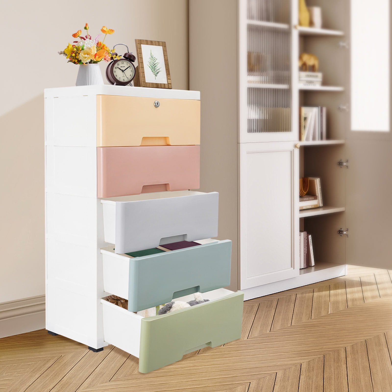 ChicHomey 5-Layer Storage Bin with Wheels,White Macaron Color, 5 Drawers with Anti-Slip Buckles,Multi-Functional Organizer for Clothes, Toys, Office Supplies