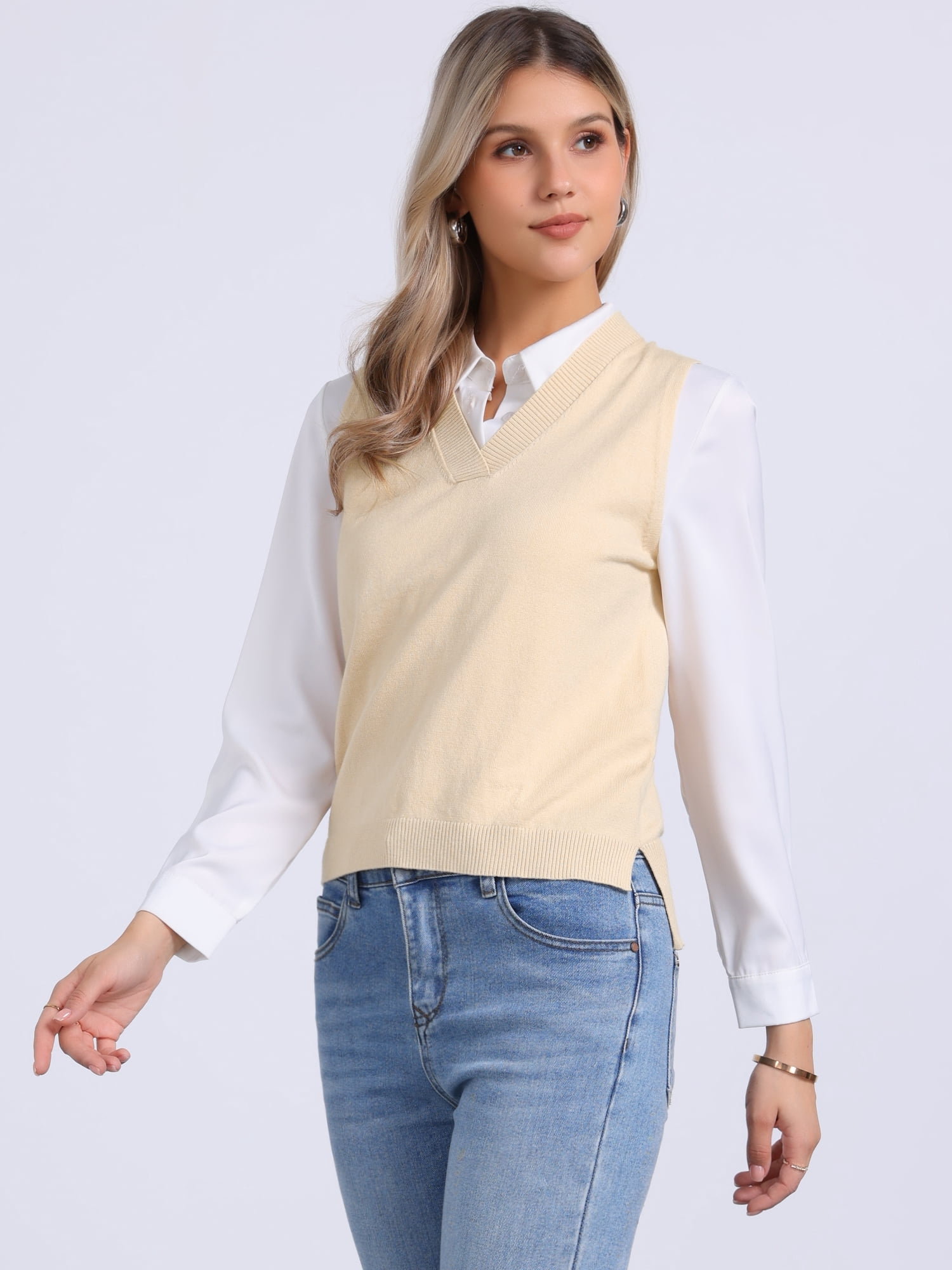 DARING DIVA Women's Vest Preppy V Neck Sleeveless Pullover Sweater XS Beige