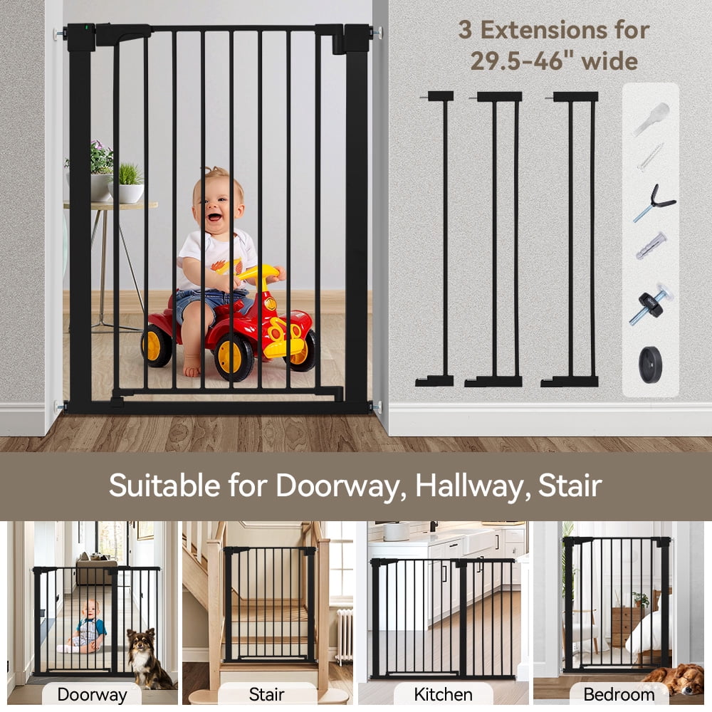 Baby Safety Gate, Caveen Extra Tall 36'', 29.5-46'' Wide Baby Gate Stairway and Hallway, for Ages 6 to 36 Months, Black