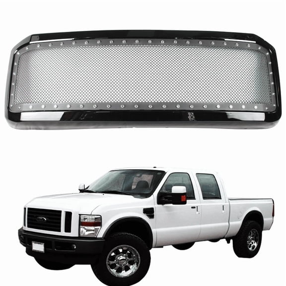 Front Bumper Grille Fits For 2005-2007 Ford F-250/350/450/550 Super Duty Excursion, Gloss Black Painted, Durable ABS, Resistant Rust, Easy to Install, Improve Airflow, OEM Replace, Anti-Fading