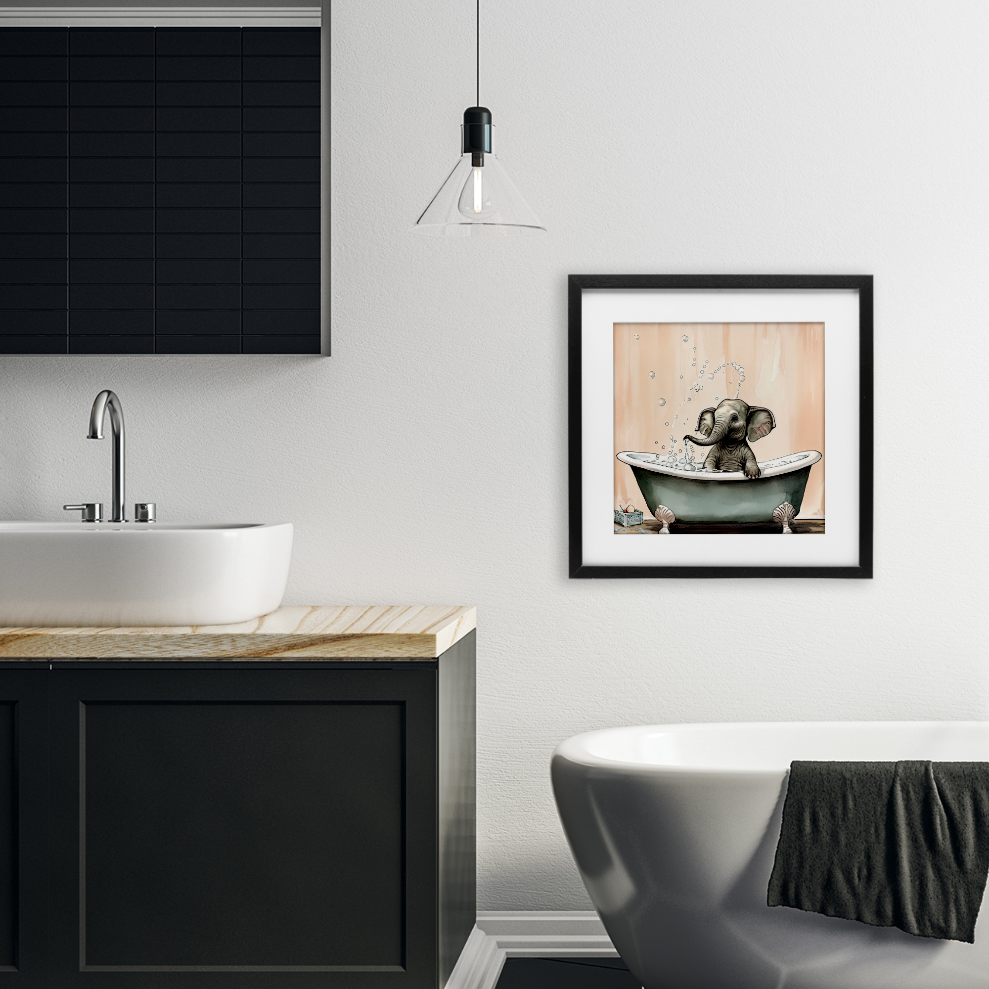 Baby Elephant Bubble Bath Black Framed Print Under Glass, design by Sasha