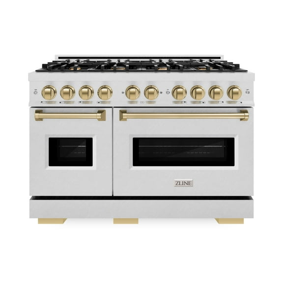 ZLINE Autograph Edition 48 in. 6.7 cu. ft. Classic Double Oven Dual Fuel Range with 8 Burner Gas Cooktop in DuraSnow Stainless Steel and Champagne Bronze Accents (CDRSZ-48-CB)