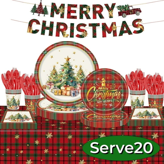 Christmas Paper Plates Dinnerware Christmas Party Supplies Decorations Disposable Dishes Napkins Banner Tablecloth Serve 20 Design3
