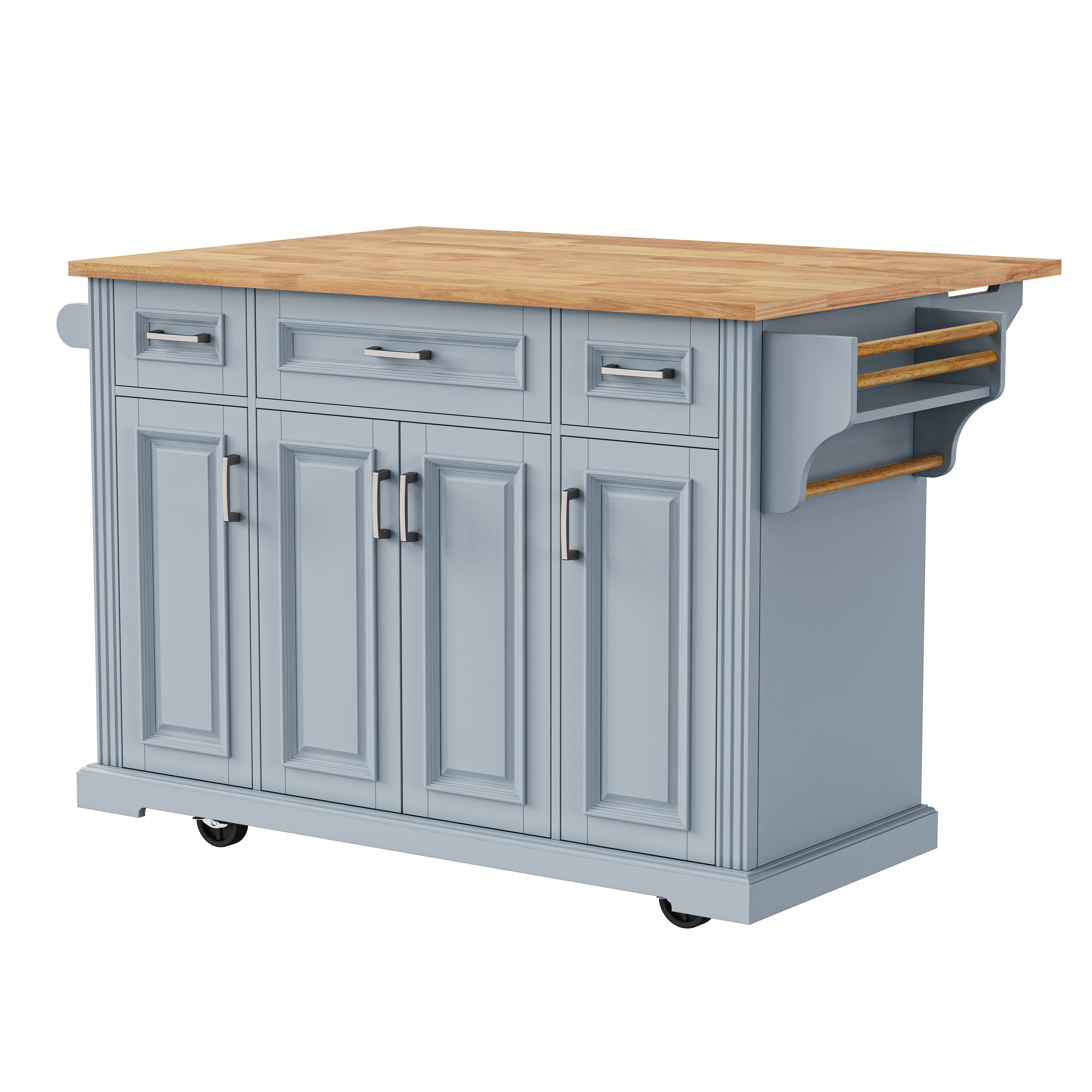 54" Large Kitchen Island On Wheels with Rubber Wood Drop Leaf, Rolling Island Cart on 4 Wheels with 4 Doors and 3 Drawers, Kitchen Island with Storage, Gray+Blue