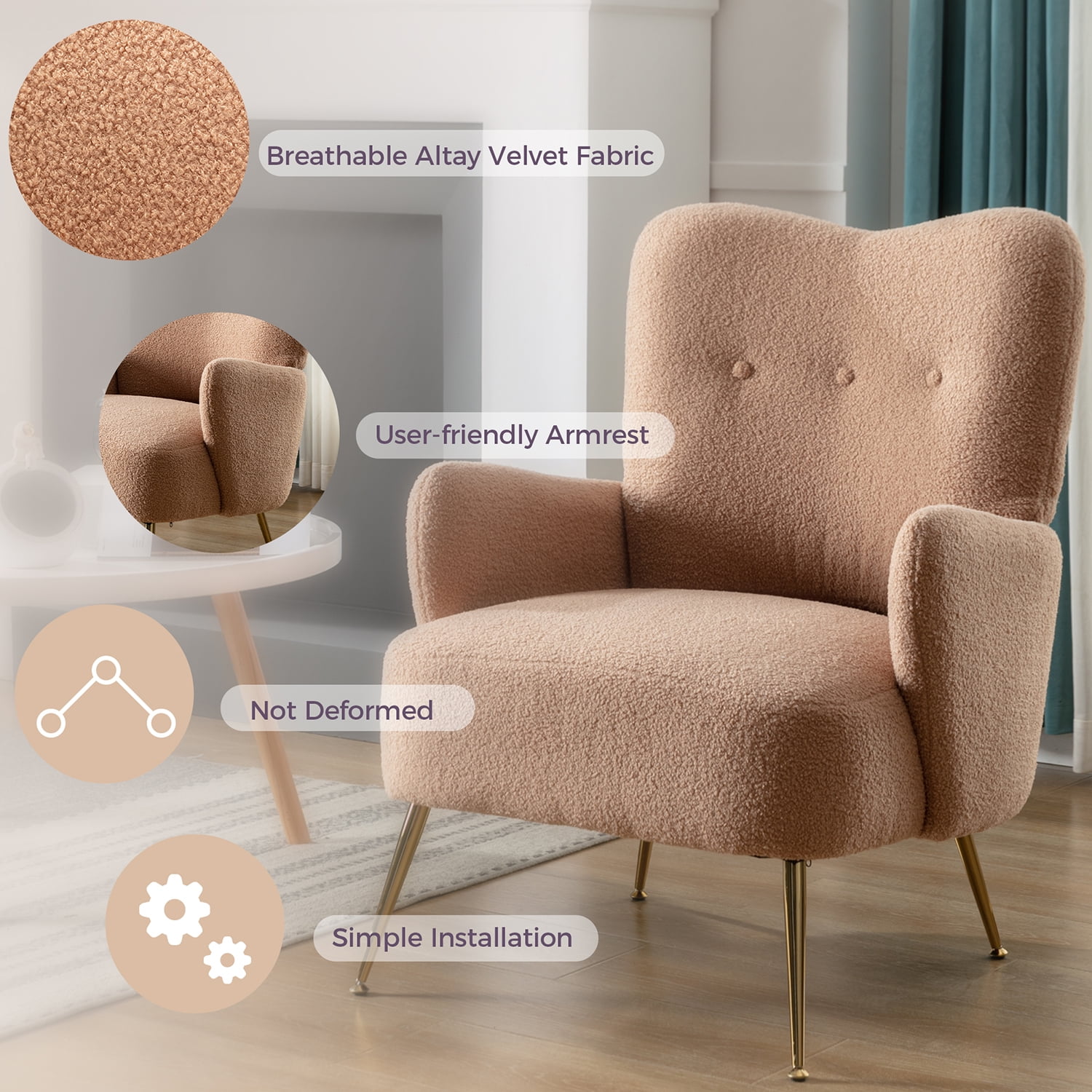 Kadyn Modern Teddy Short Plush Particle Armchair, Altay Velvet Accent Chair with Golden Metal Legs and High Back, Upholstered Accent Lounge Chair for Living Room, Espresso