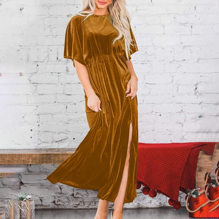 Womens Soft Velvet Dress with Slit Short Sleeve Crewneck Elastic Fashion  Mid Long Dress Party Gowns Elegant (Large, Gold) - Walmart.com