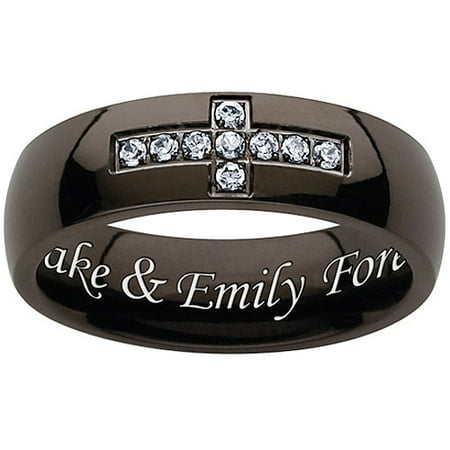Personalized Men's CZ Accent Black Titanium Cross Engraved Band