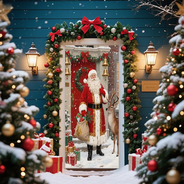 Uuiauoio Christmas Door Curtain,Festive Christmas Door Curtain with Santa Claus Design Outdoor Holiday Decor Hanging Fabric Banner for Porch Entryway Wall Photo Background and Party Decoration