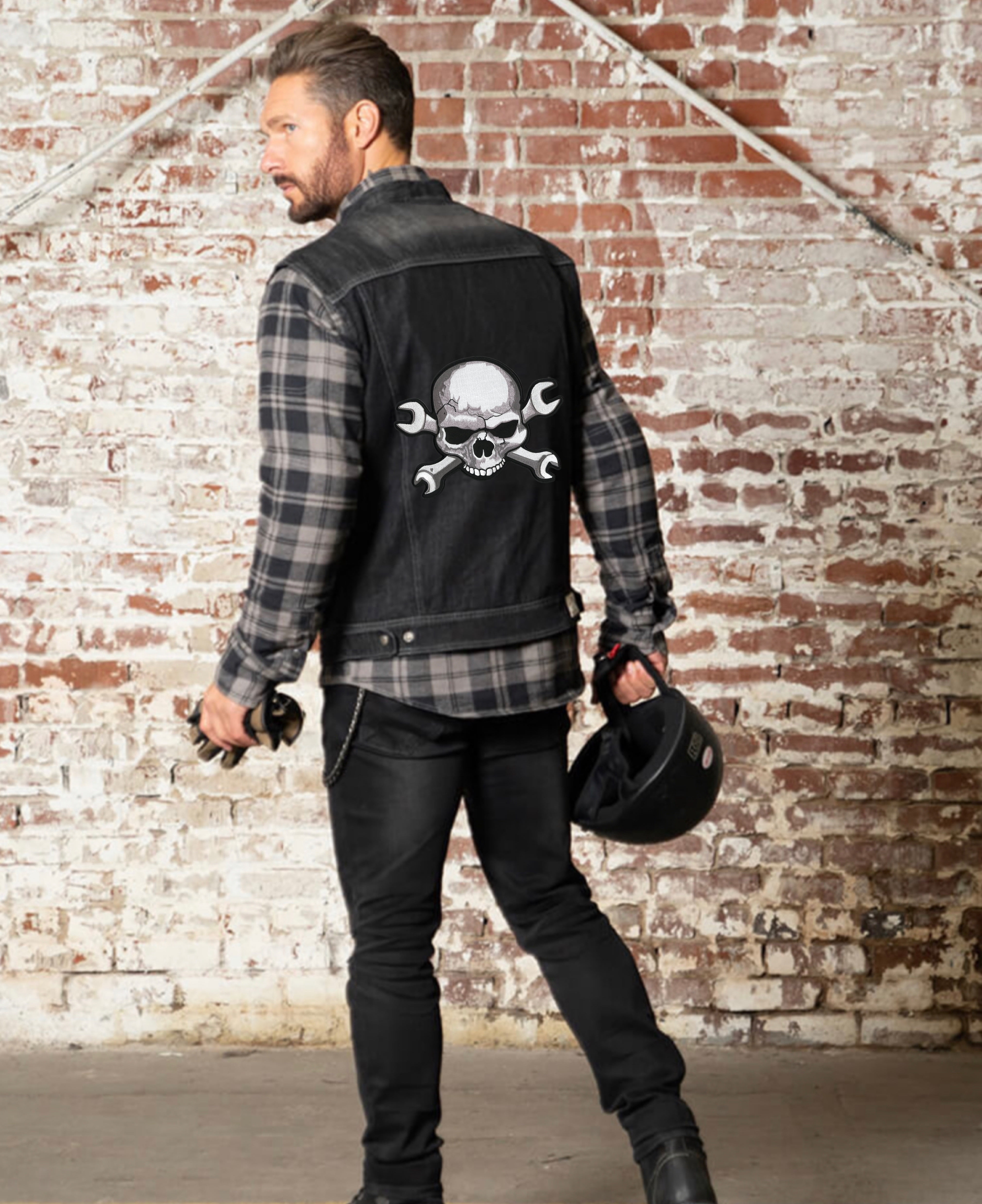 Skull & Wrench Crossbones Patch 11" | Realistic Large Skeleton Halfskull Embroidered Iron On Motorcycle Jacket Back Patch - by Nixon Thread Co.