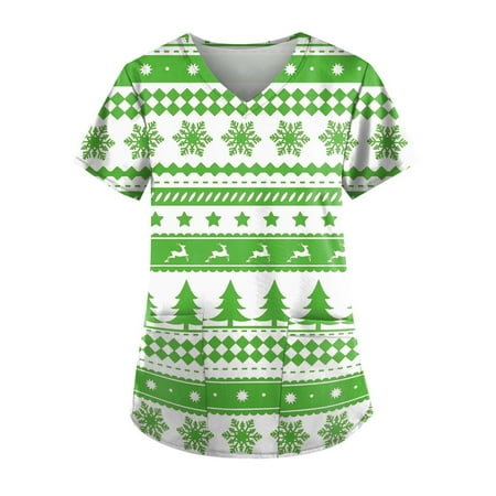 

Ovticza Christmas Womens Scrub Top Snowflake with Pockets V Neck Short Sleeve Nursing Xmas Print Holiday Women Scrubs Christmas Green 3XL
