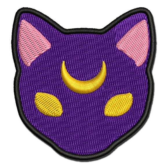 Witch Cat Head with Moon on Forehead Applique Multi-Color Embroidered Iron-On Patch - 2.5 Inch Small