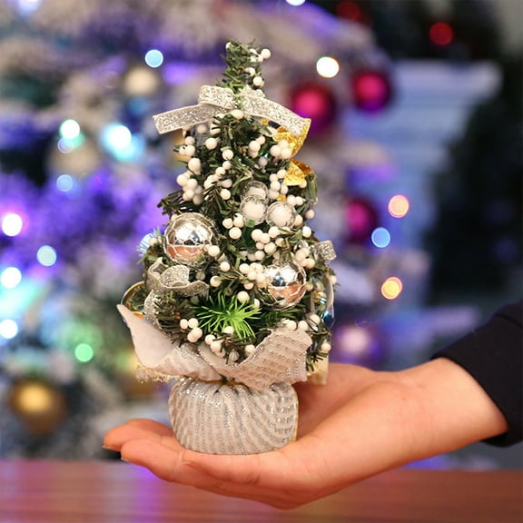 8 Inch Mini Christmas Tree with Base, Artificial Tabletop Christmas Tree Decorations, Small Christmas Trees with Ribbon Balls Berry, Christmas Indoor Decor Home Party Xmas Tree Decor