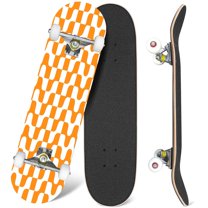 31'' Complete Skateboard 7 Layer Canadian Maple Double Kick Deck Skateboards Orange White Checkerboard Skate Board for Beginner Adult Gifts