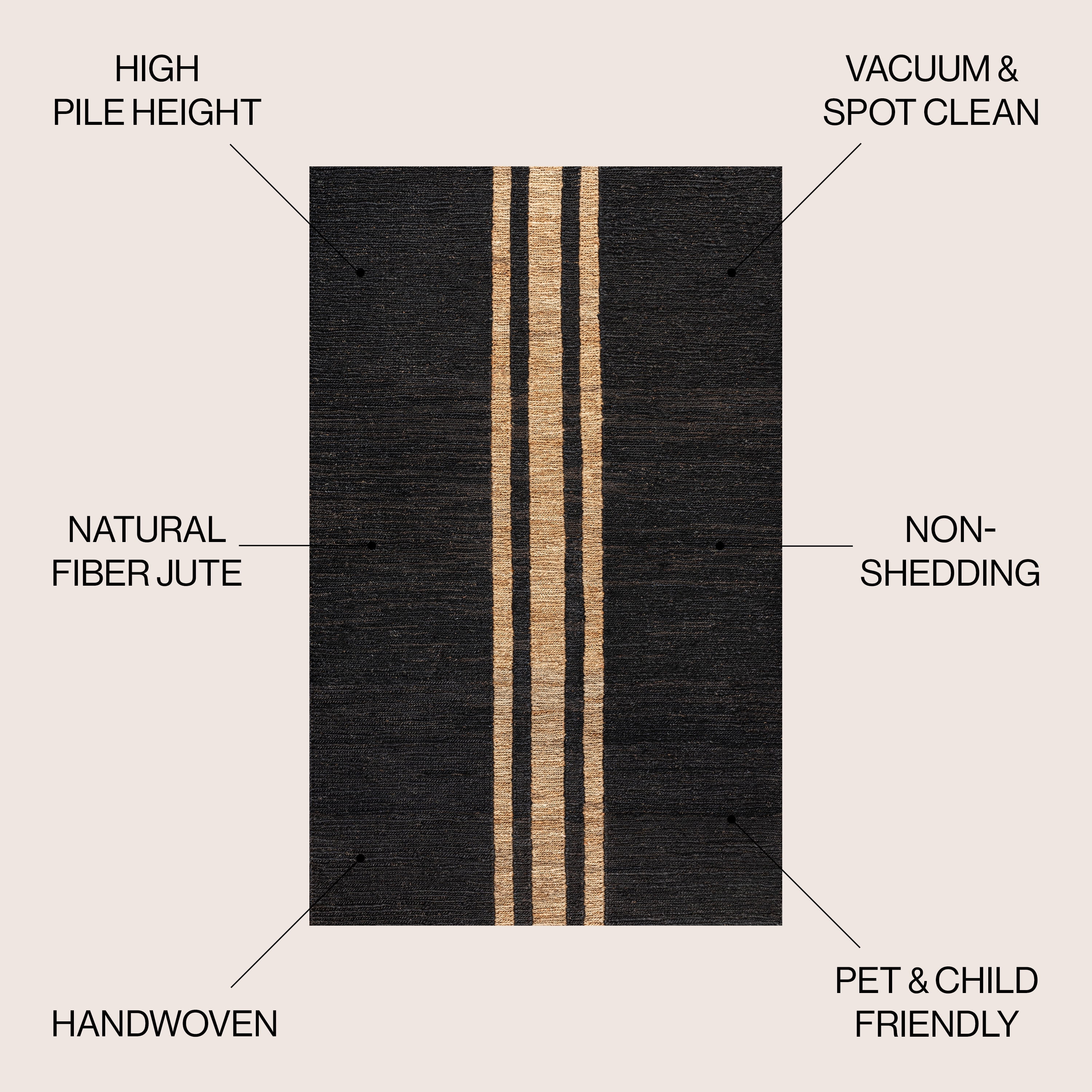 JONATHAN Y NATURAL FIBER 5 x 8 Area Rug, Olivier Rustic Farmhouse Stripe Jute - Black/Natural, NRF200B-5
