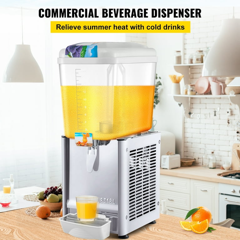 VEVOR Commercial Beverage Dispenser 20.4 qt 18L 2 Tanks Ice Tea Drink Machine 590W 304 Stainless Steel Juice Dispenser with 41°F-53.6°F Thermostat