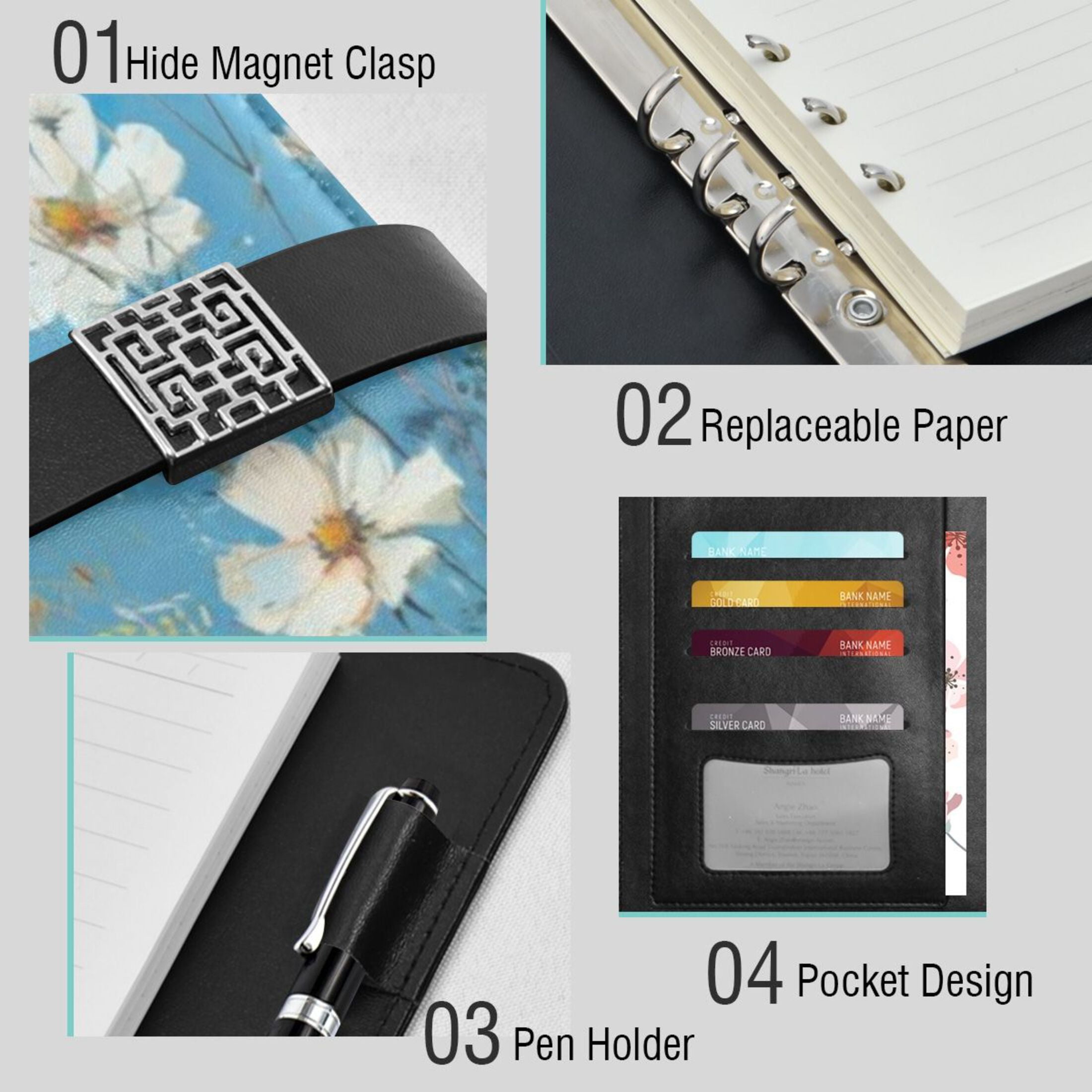 Leather Planner Leather Notebook Notebook Journal Binder Design Pen Pocket Design Convenient for Storage White Daisy
