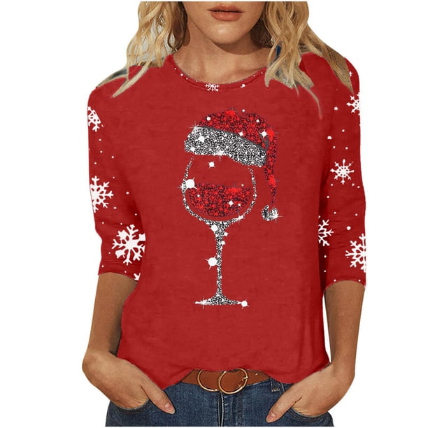 Navidad Mujeres Tops, Manga 3/4 Cuello Redondo Suéter con Impresión de Vacaciones, Camiseta de Manga Larga