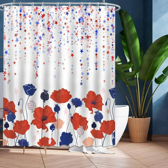 4th of July Shower Curtain American Flag Patriotic Shower Curtain with 12 Hooks Red Blue Stars Flowers Pattern Independence Day 4th of July Decorations Shower Curtain, 72''''X72''''