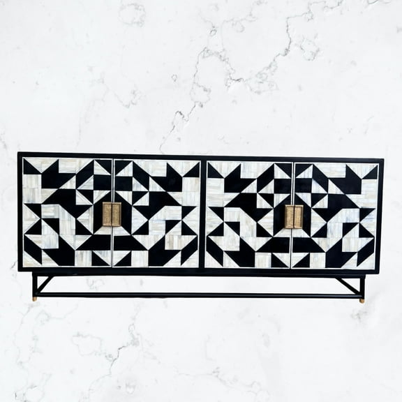 Custom Made Geometric bone inlay buffet, bone inlay buffet black, bone inlay sideboard black, bone inlay cabinet black