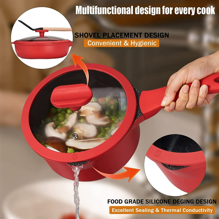imarku Pots and Pans Set 16-Piece Nonstick Granite Coating Cookware Sets Red