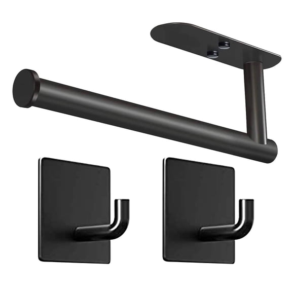 Paper Towel Holder Under Cabinet, Adhesive & Screw Mount Stainless Steel Rack with 2 Hooks, for Kitchen Counter Cabinet Bathroom, Black