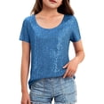 thumbnail image 2 of CQONEPT Sequin T Shirts for Girls Sparkly Short Sleeve Crewneck Stretch Tunic Tops Glitter Dressy Casual Blouse Sky Blue 140, 2 of 7