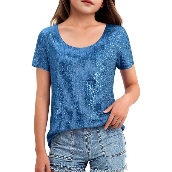 dazeni Kids Sequin T Shirts Girls Short Sleeve Tops Lightweight Crewneck Tee Summer Party Outfits Sky Blue