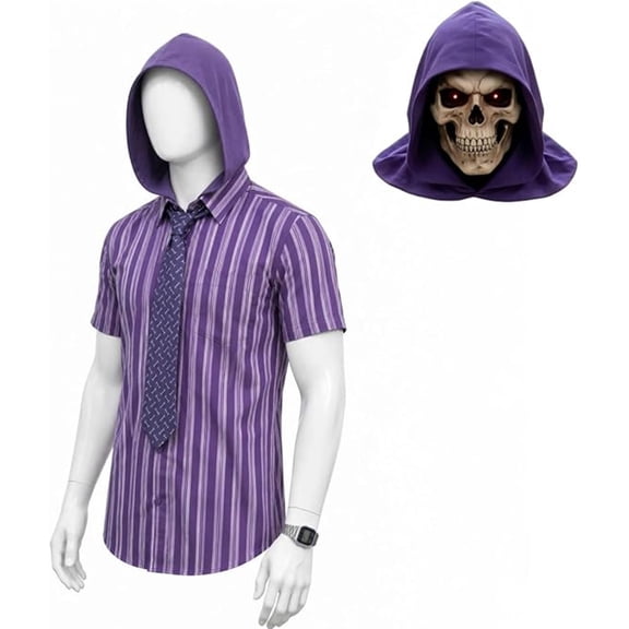 Skull Hooded Cosplay Costume, Purple Striped Shirt Set with Mask for Adult Halloween Costumes Halloween Party, 5-Piece, L