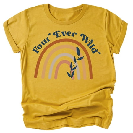 

Four Ever Wild Rainbow 4th Birthday Shirts for Baby Toddler & Youth Girls Mustard Shirt 3T
