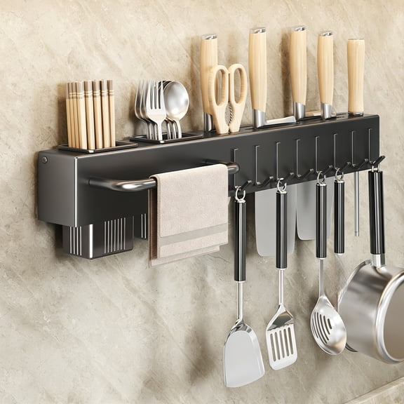 Meggemo Wall Mounted Multi Function Knife Strip with Magnetic Holders and Utensil Hooks for Kitchen Space Saving Storage