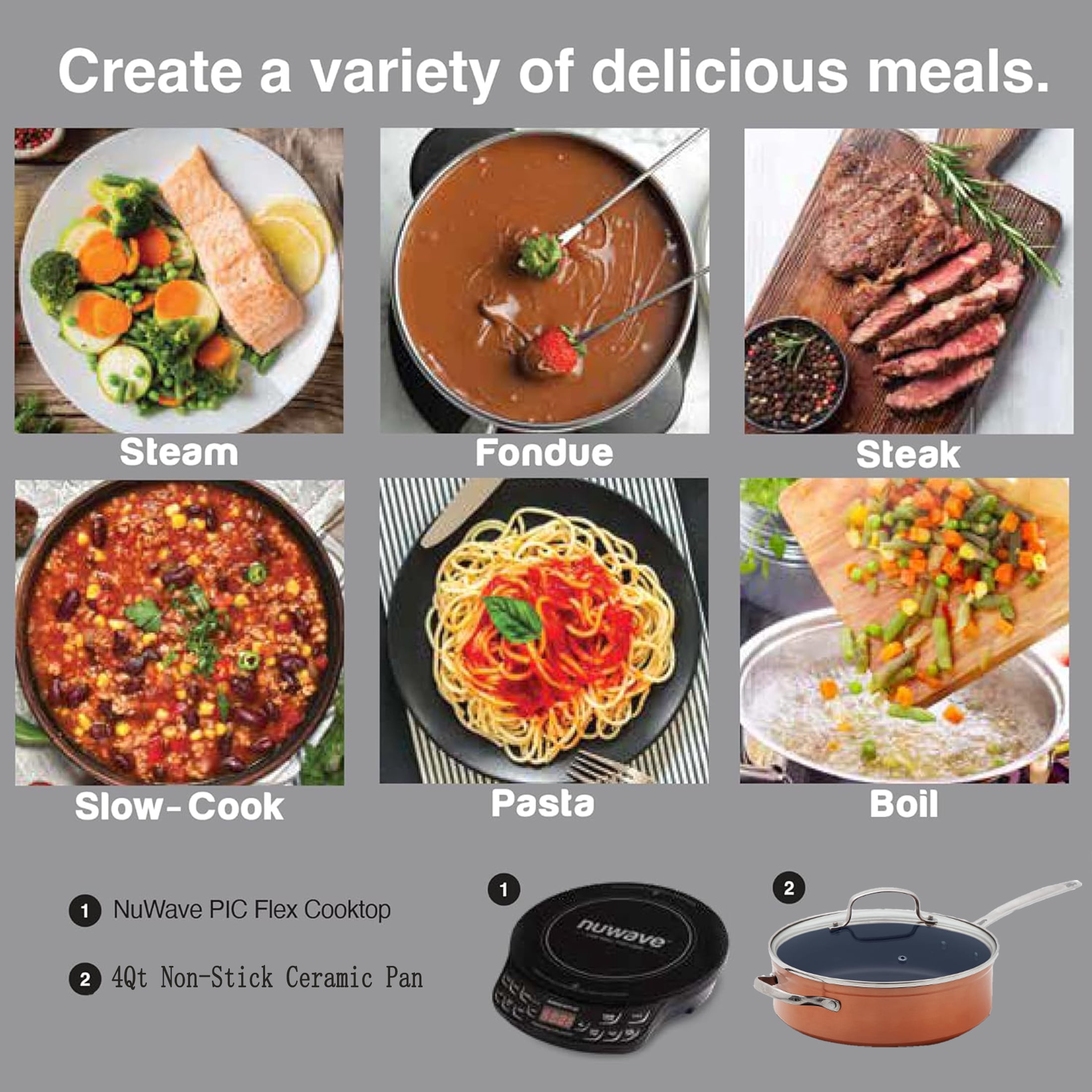 Nuwave Induction Cooktop with 4Qt Non-Stick Ceramic Pan, 3 Watt Settings 600, 900 & 1300W, 6.5 Heating Coil, Induction Cooktop, Cooking